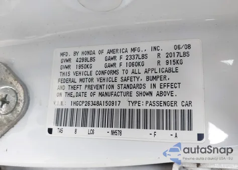 2008 Honda Accord 2.4 Lx z USA, uszkodzony, nr VIN 1HGCP26348A150917